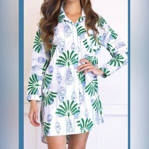 🌻 8 Oak Lane Ginger Jar Palm Button Down Sleep Shirt size XS/S Green & Blue